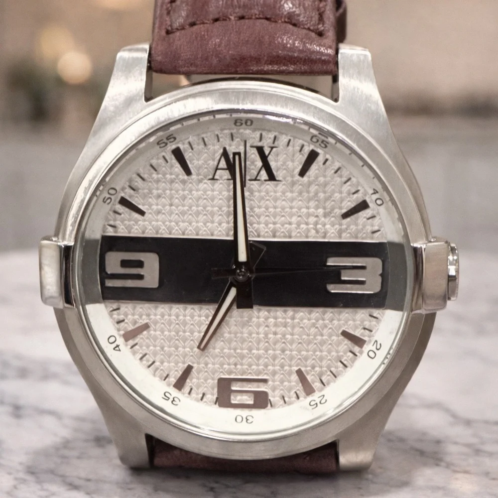 Armani Exchange A|X Mens Watch Brown Leather Strap Stainless Steel AX NWOT